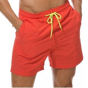 SILKWORLD Men's Swim Trunks Quick Dry Coral Orange with Neon drawstring M